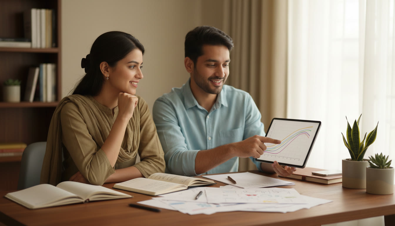 Photo Idea : Student studying at a desk with scattered notebooks, looking thoughtful while a tutor points at a graph on a tablet
