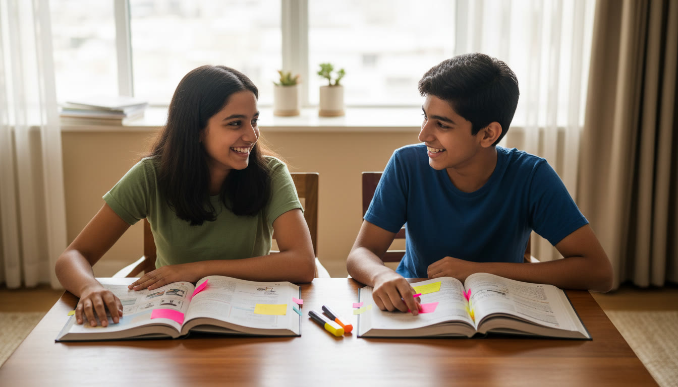Photo Idea : Two students at a desk comparing open CBSE and ICSE textbooks with sticky notes and highlighters