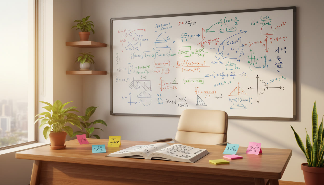 Photo Idea : whiteboard covered in diagrams and equations with an open notebook and color-coded sticky notes