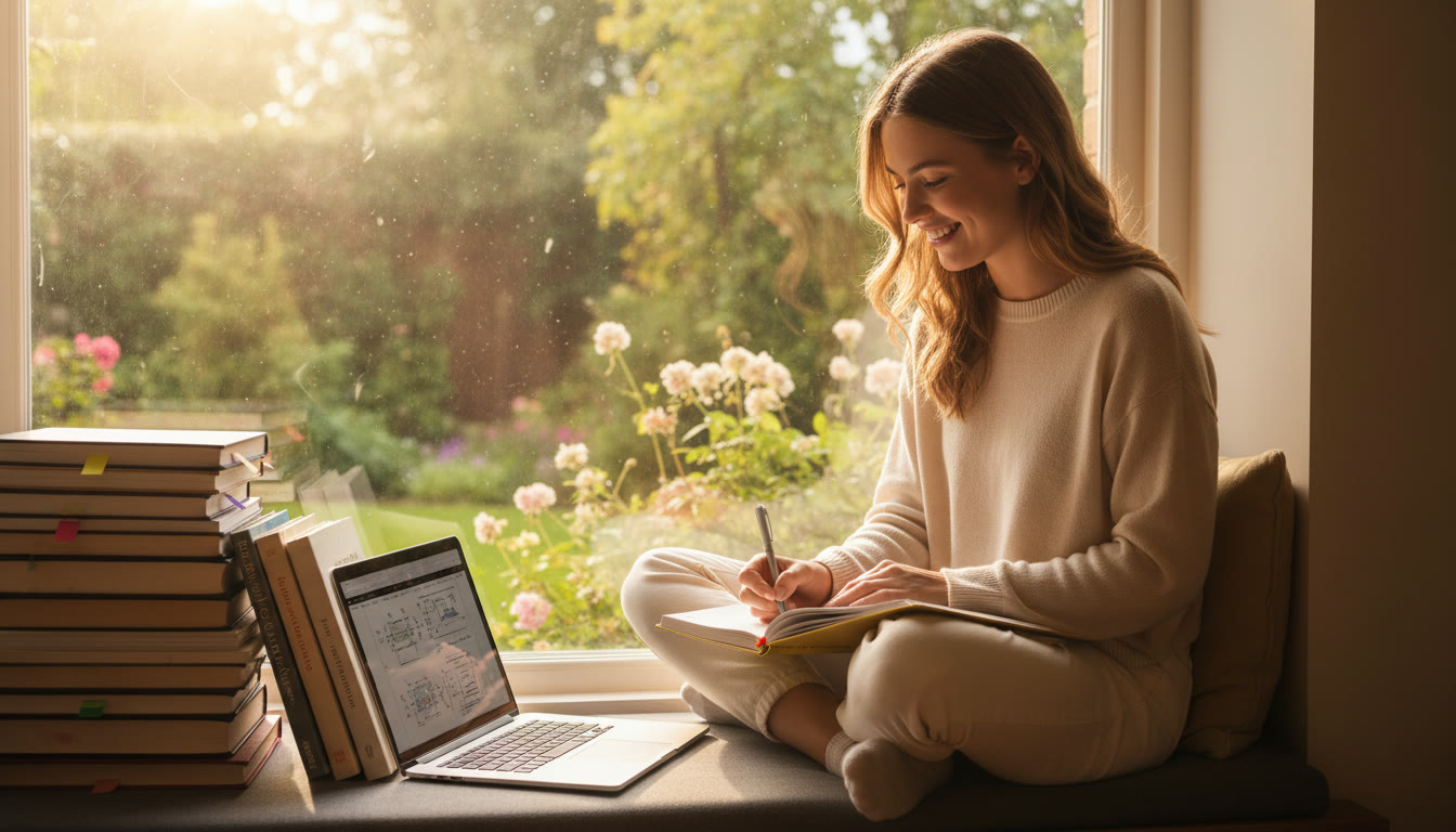 Photo Idea : student writing in a notebook beside a laptop and pile of research books, warm natural light