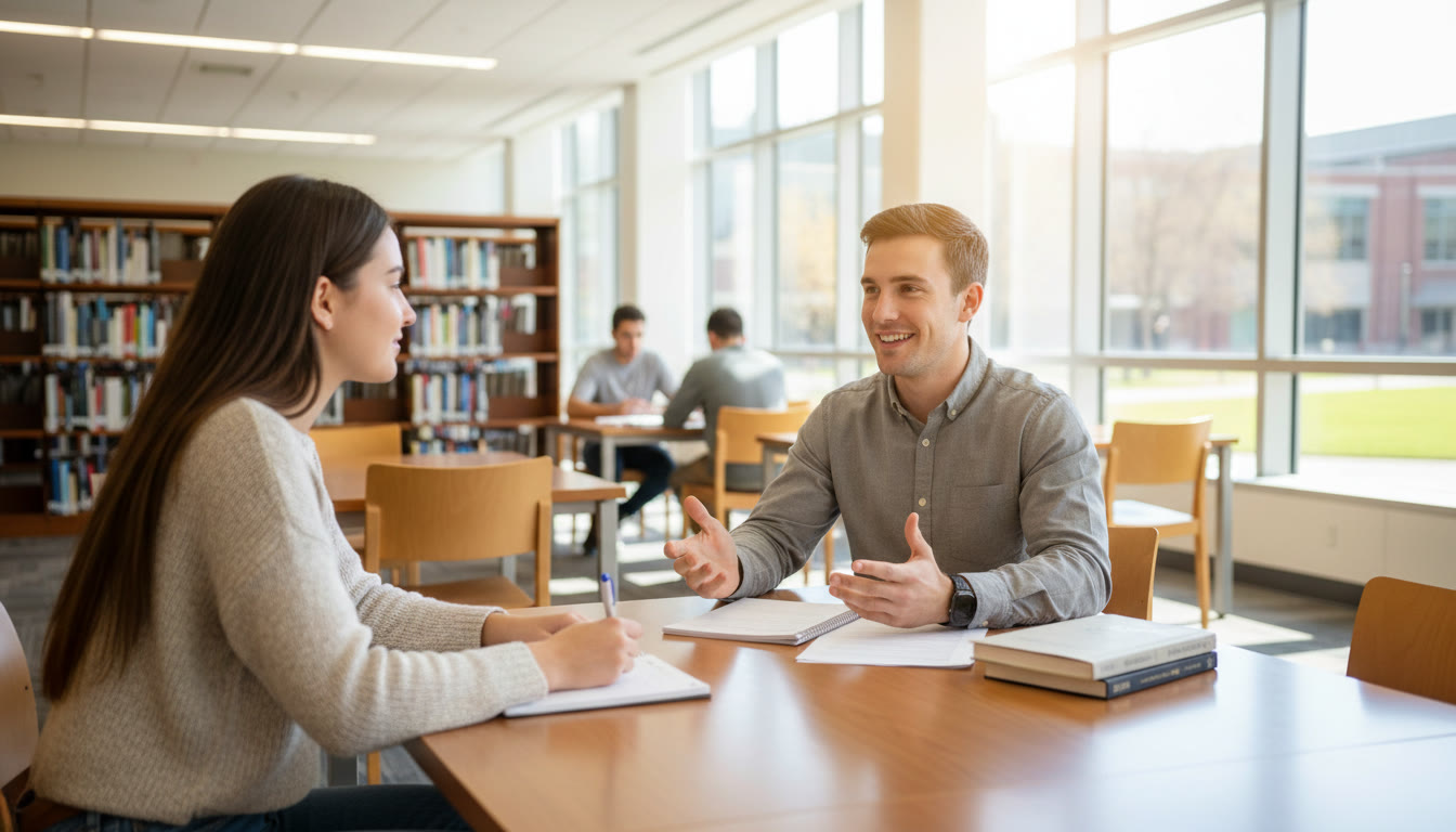 Photo Idea : two students practicing mock interviews, one taking notes while the other speaks confidently