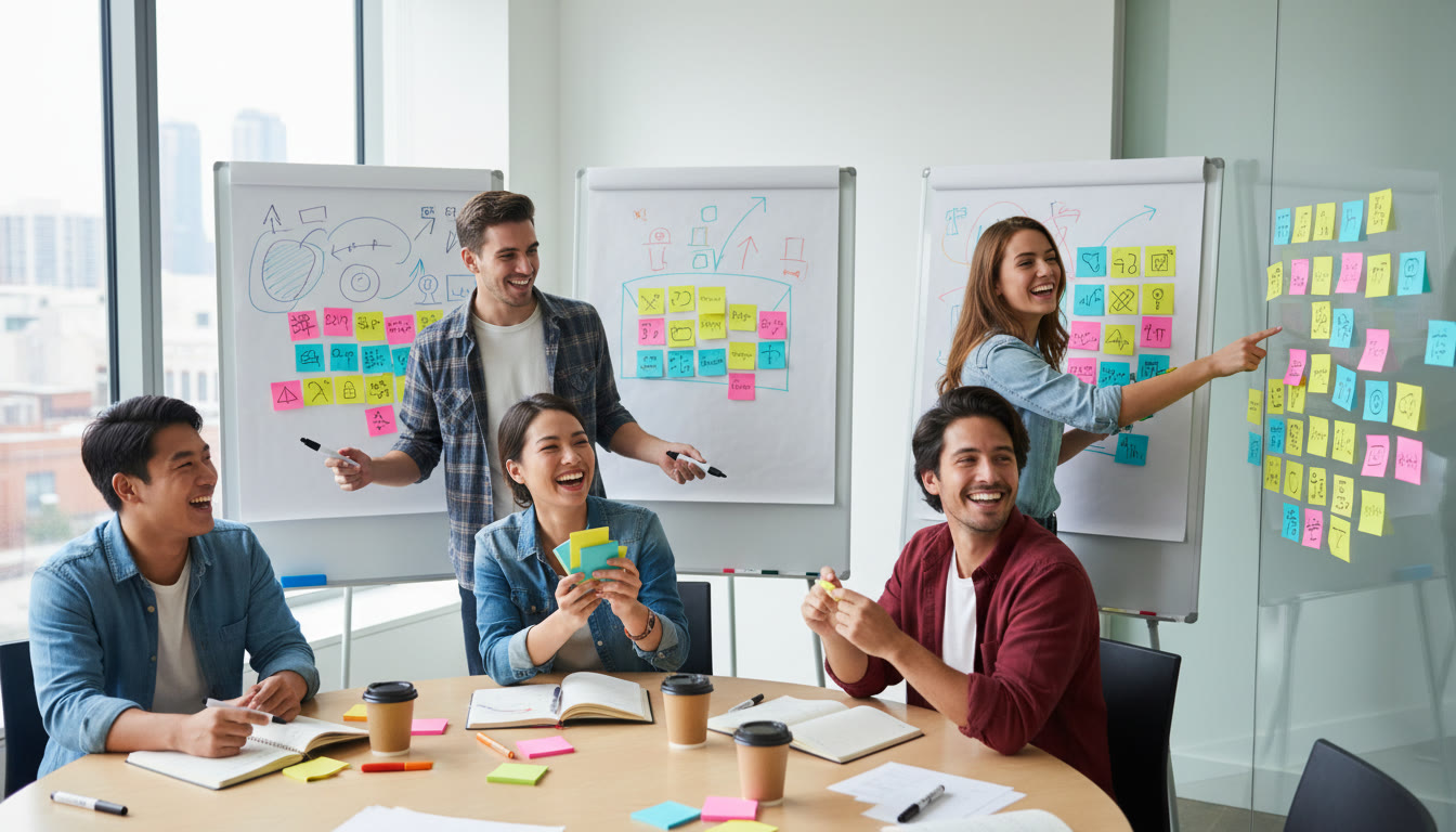 Photo Idea : a small team running a mock client workshop with flipcharts and sticky notes