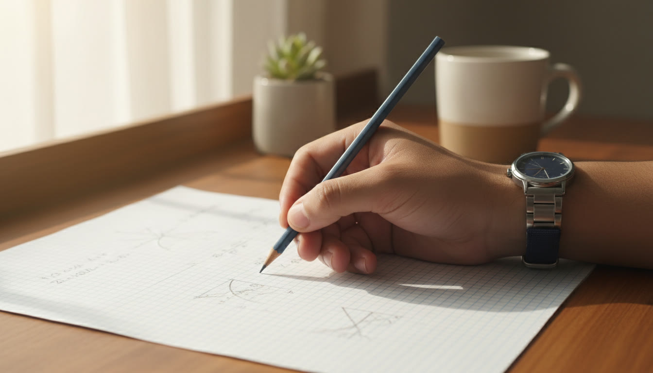 Photo Idea : Close-up of a student’s hand solving a math problem on graph paper with a wristwatch visible