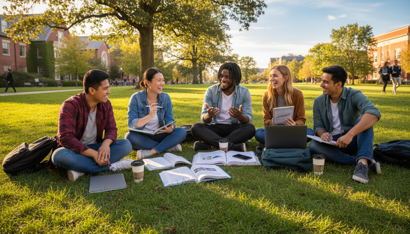 Photo Idea : A diverse group of IB students studying outdoors on a sunny university campus green