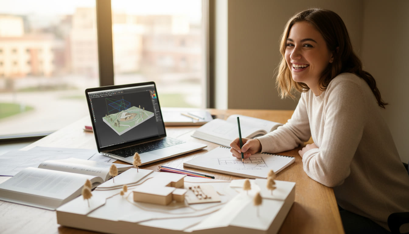 Photo Idea : Student sketching a small site model with pencils and a laptop showing CAD software