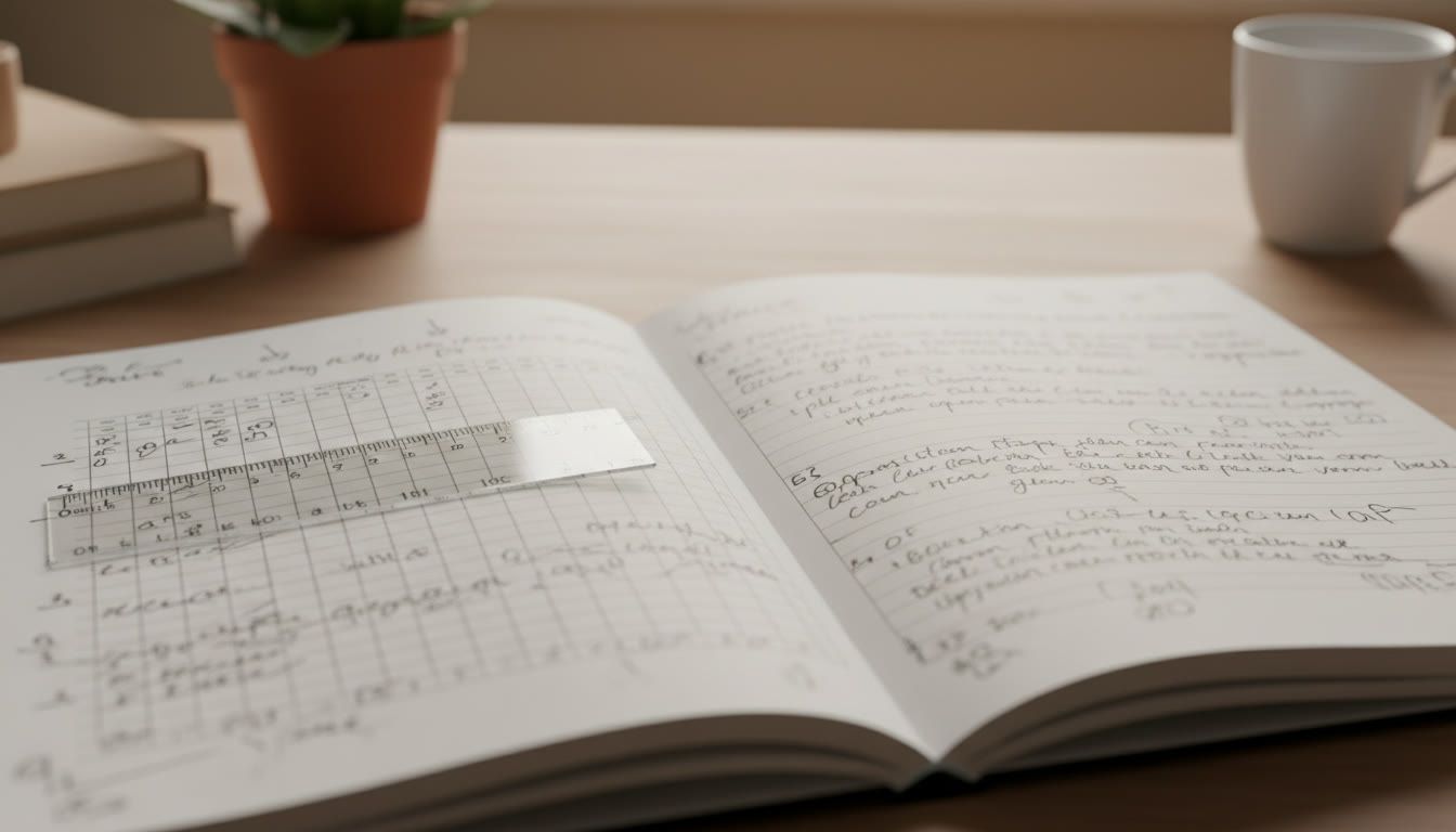 Photo Idea : Close-up of a well-organised EE notebook with a printed table, a ruler, and handwritten marginal notes