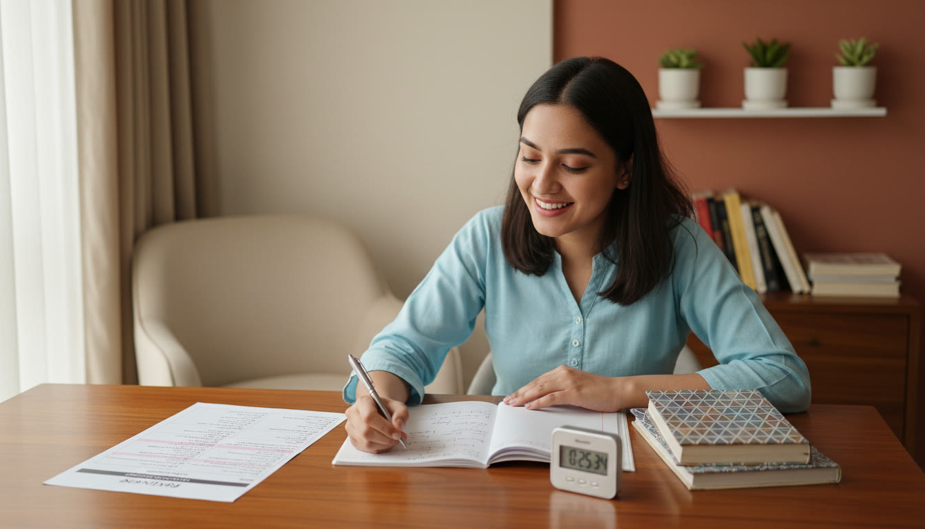 Photo Idea : Student reviewing a single-page revision sheet while practicing problems with a timer