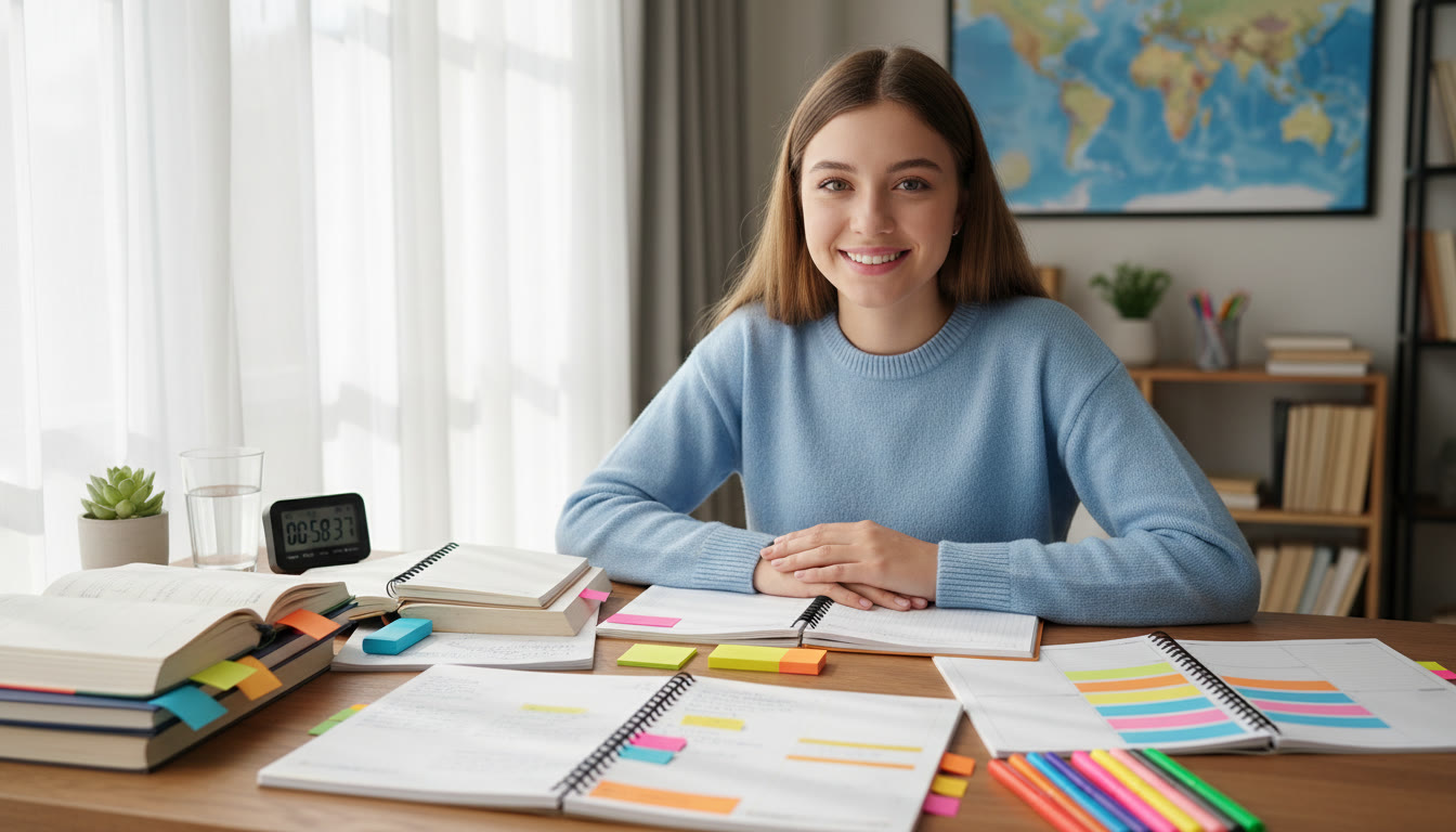 Photo Idea : a student at a desk with color-coded notes, a timer, and a neat weekly planner visible