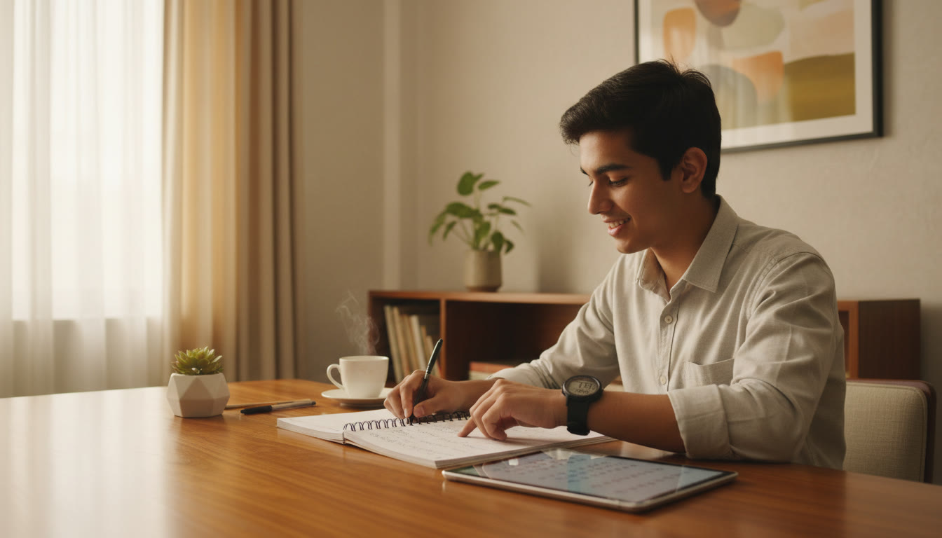 Photo Idea : student at a well-lit desk doing a timed mock test with a watch and open notebook