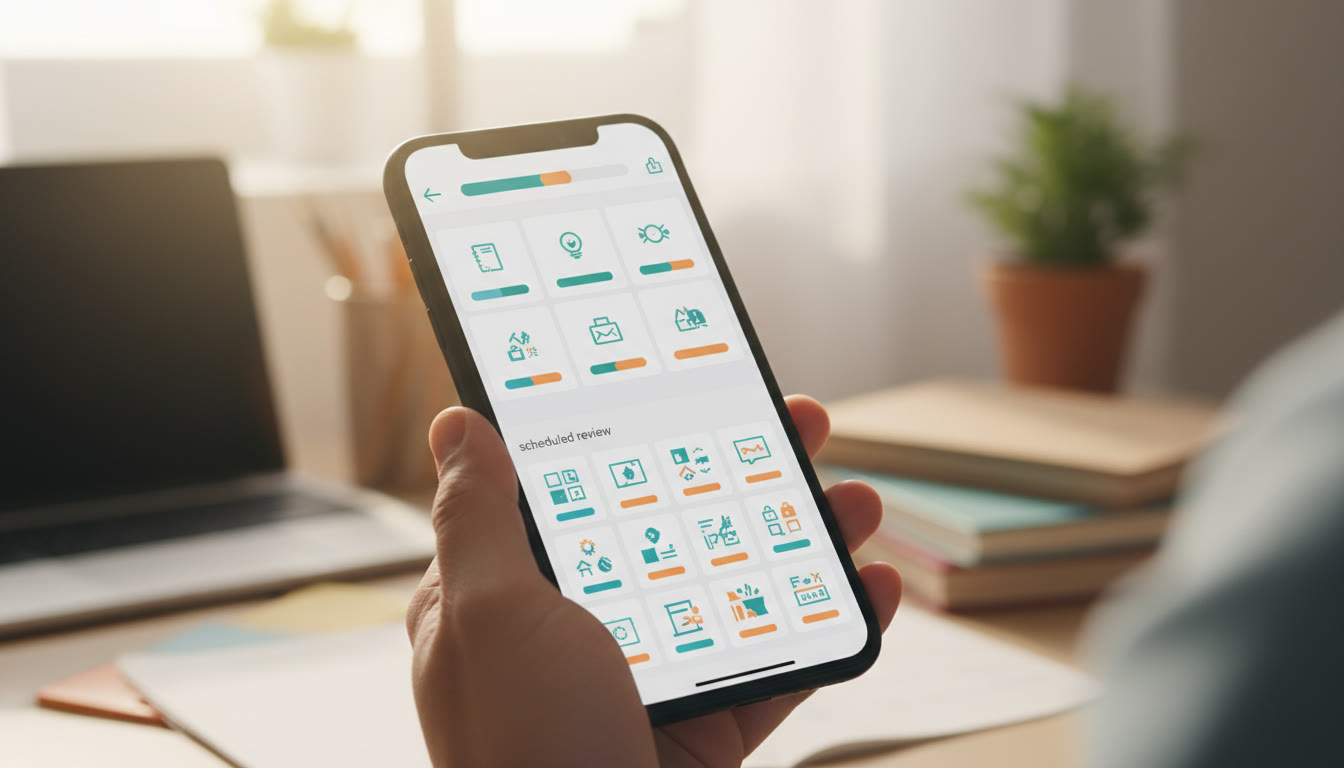 Photo Idea : close-up of a phone screen showing a flashcard app with a scheduled review list