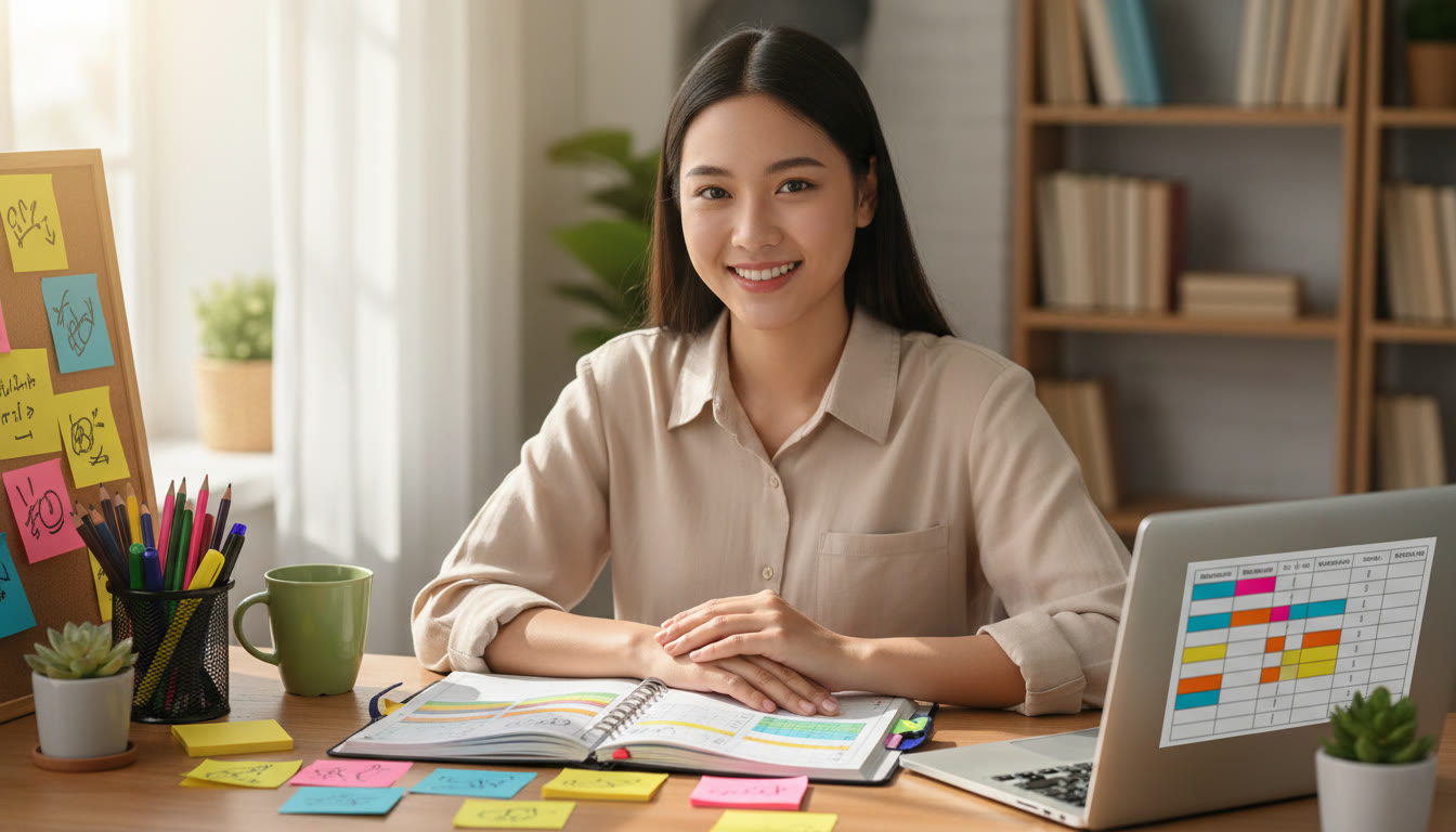 Photo Idea : Student at a desk with a color-coded planner, sticky notes, and a laptop displaying a study timetable