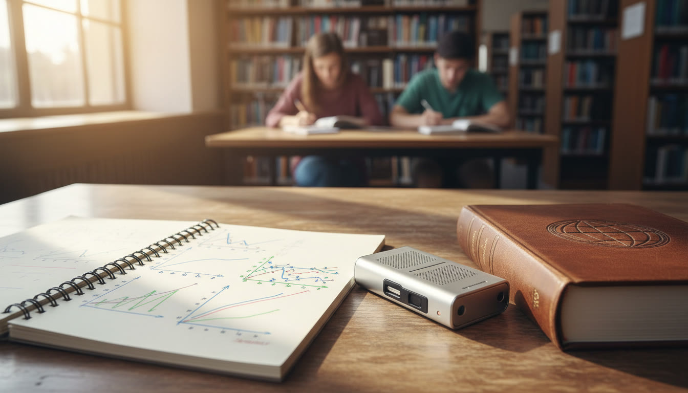 Photo Idea : Close-up of a research notebook, graphs, and a voice recorder next to a library book.