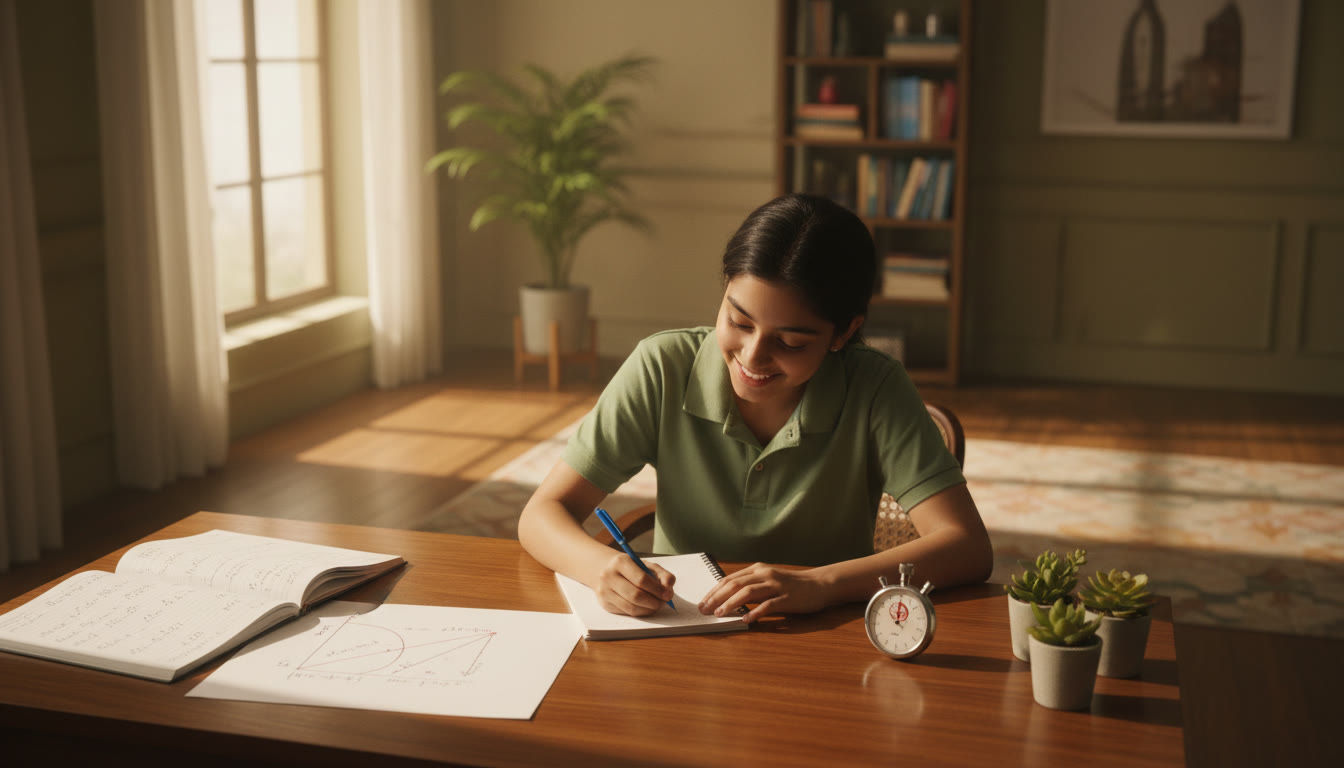 Photo Idea : A student writing neatly at a desk with physics notes, equations, and a labeled diagram beside a stopwatch.