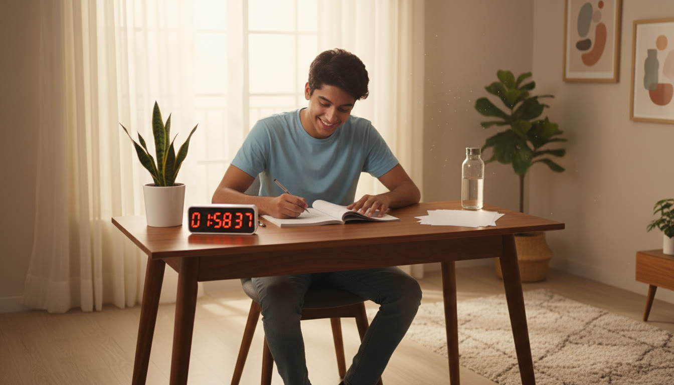 Photo Idea : A student taking a timed full-length mock test at a desk with a visible timer