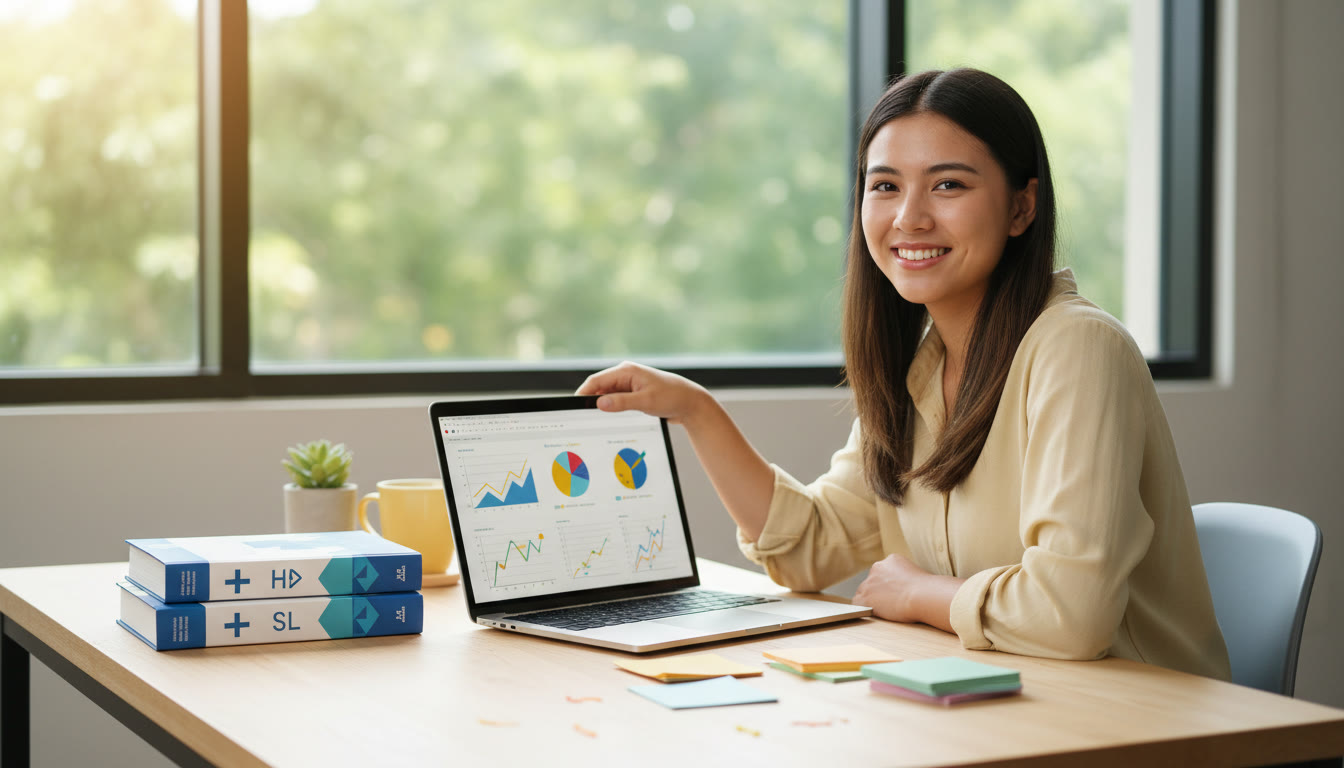 Photo Idea : Student at a desk with HL and SL textbooks, laptop open to notes, and a small stack of index cards