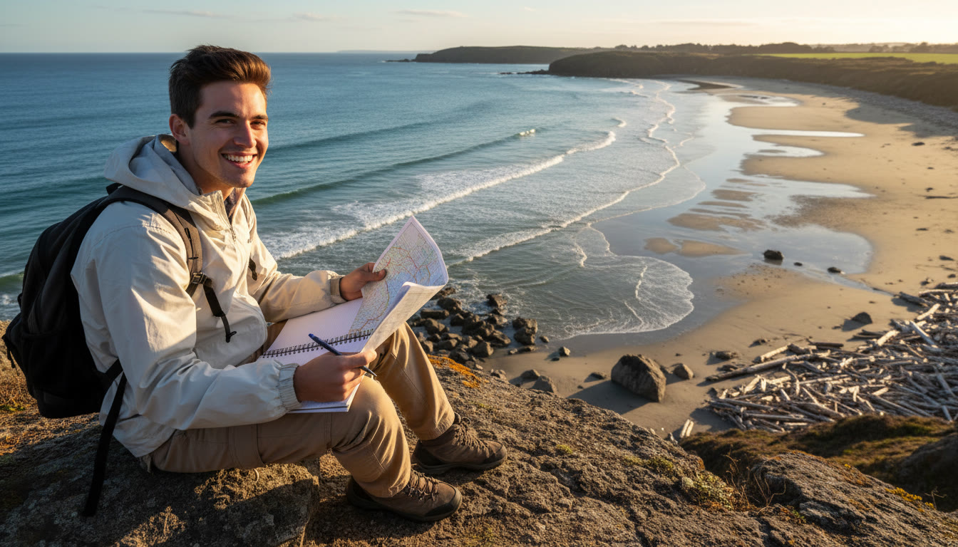Photo Idea : Student on a coastal cliff holding a map and notebook, examining a tide-marked shoreline