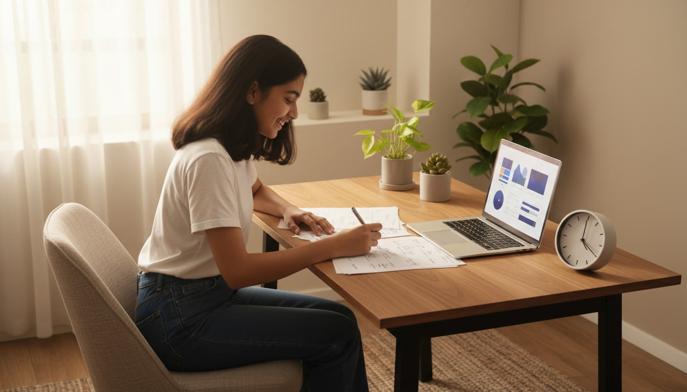 Photo Idea : A focused student at a desk, solving problems on paper with a clock and a laptop showing a mock test interface
