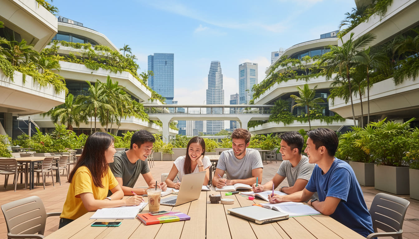 Photo Idea : A diverse group of IB students studying together on a modern university terrace with distinct Singaporean architecture in the background