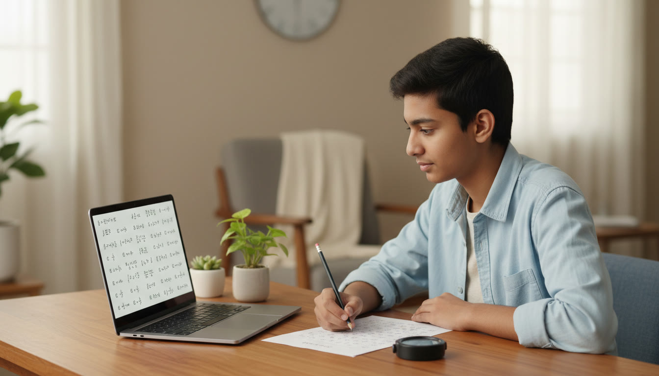 Photo Idea : A focused student at a desk taking a 3-hour mock test on a laptop with an OMR sheet and stopwatch visible
