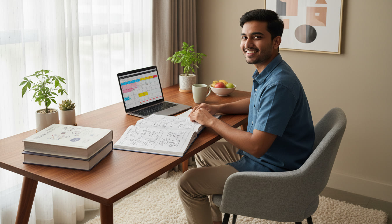 Photo Idea : A student at a study desk with Physics, Chemistry and Maths books open, a notebook titled 