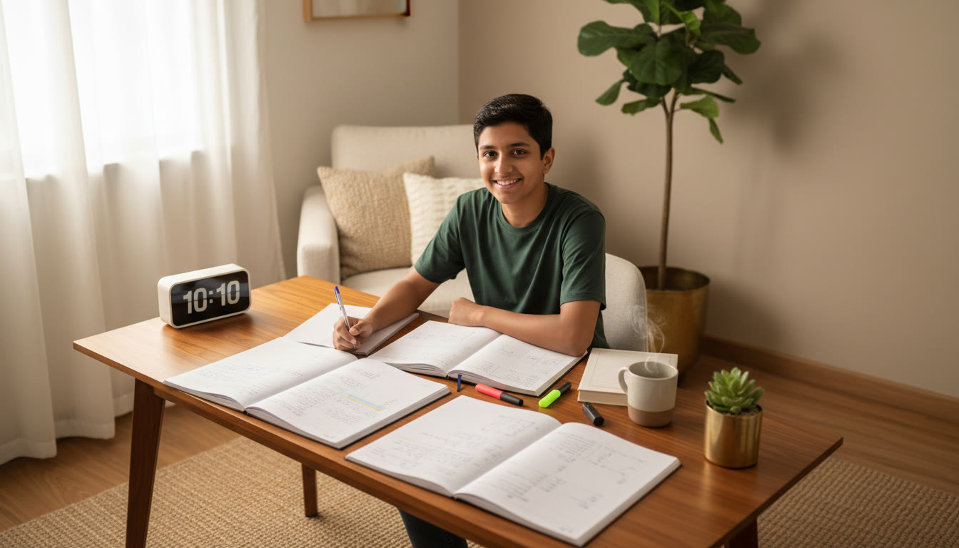 Photo Idea : Student with open notebooks, pen in hand, and a calm study corner with a clock