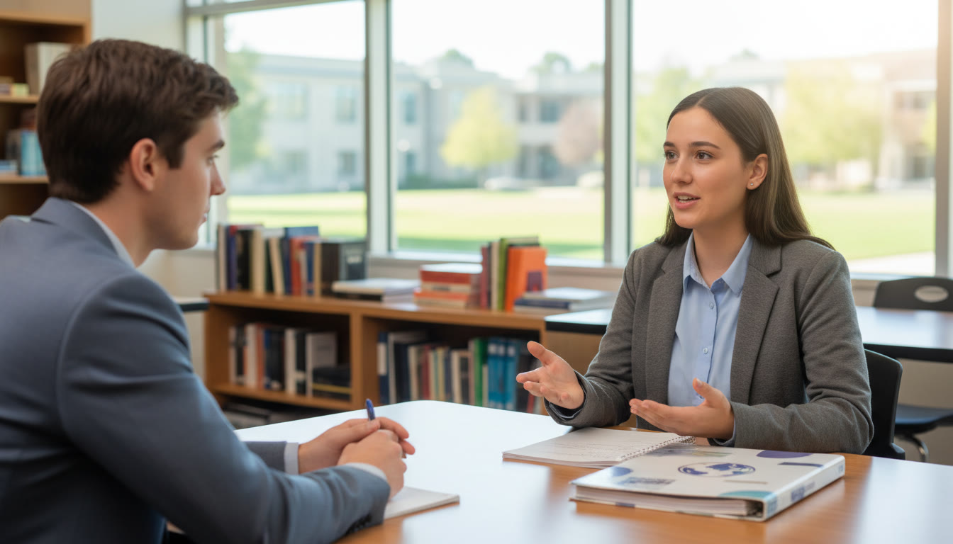 Photo Idea : Two students in a mock interview setting, one listening intently while the other speaks