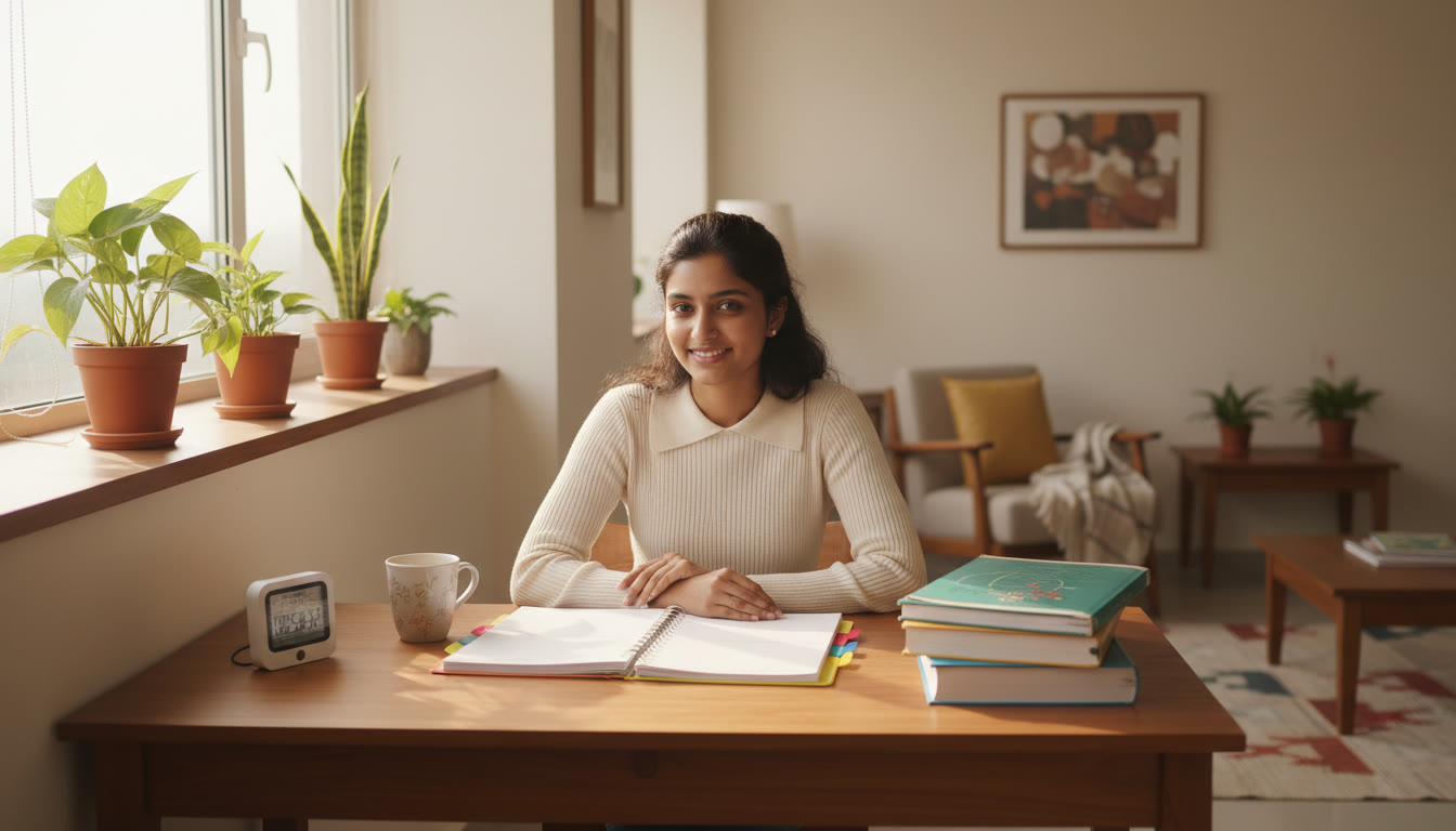 Photo Idea : Student at a tidy desk with a planner, open textbooks, a timer, and soft morning light