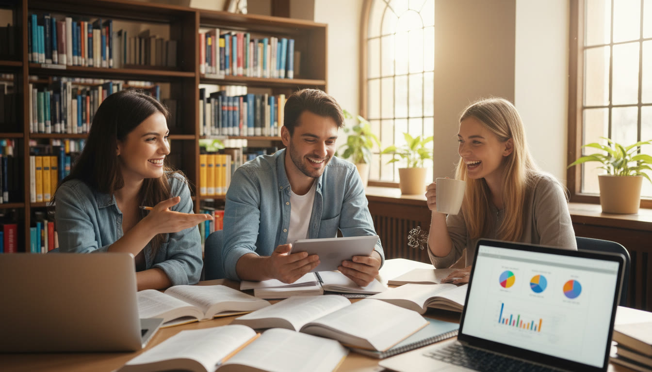 Photo Idea : A small group of IB students in a bright library corner, surrounded by open books and laptops, animatedly discussing notes