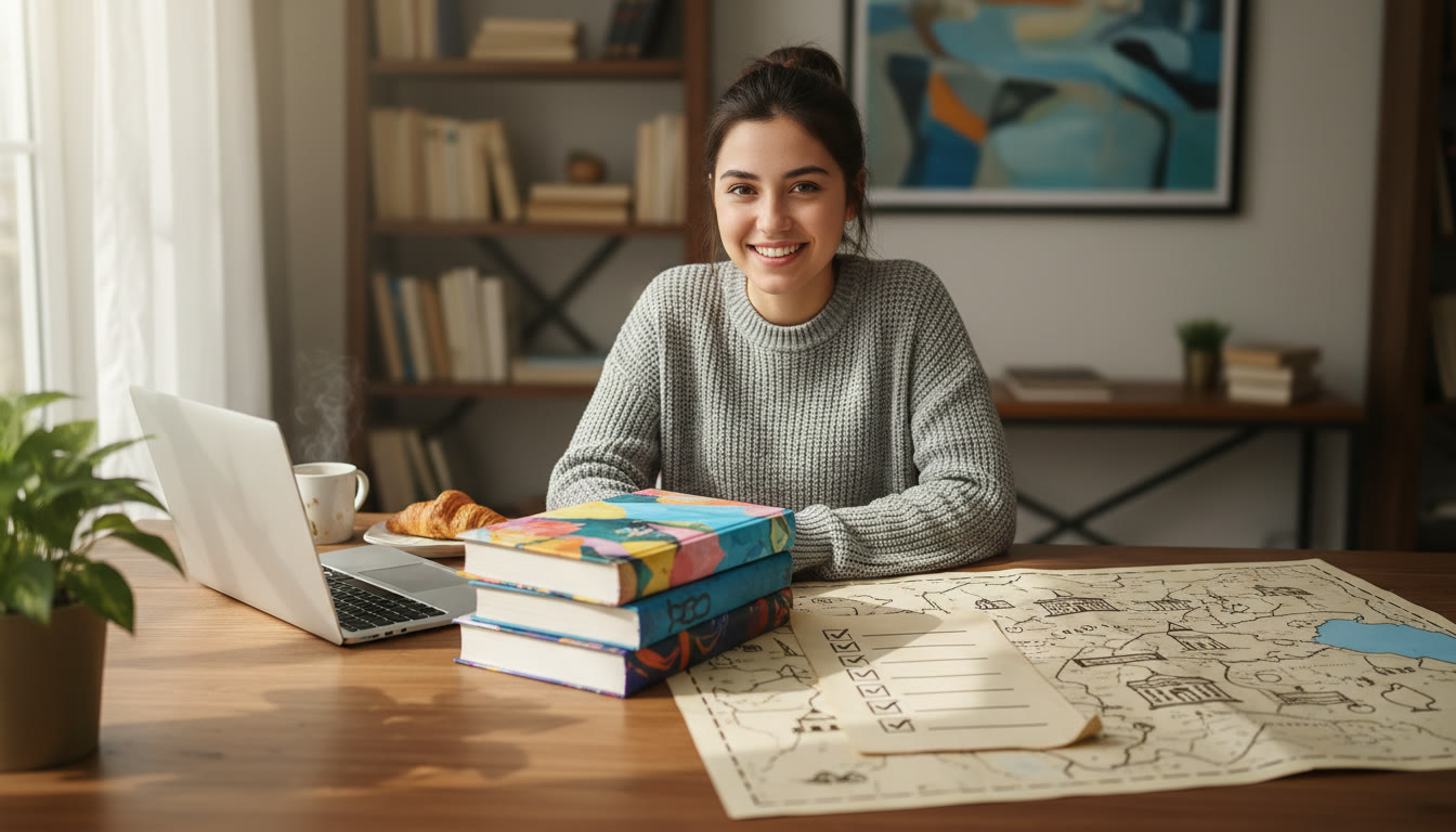 Photo Idea : Student with textbooks and a laptop, map of Paris and a handwritten application checklist nearby