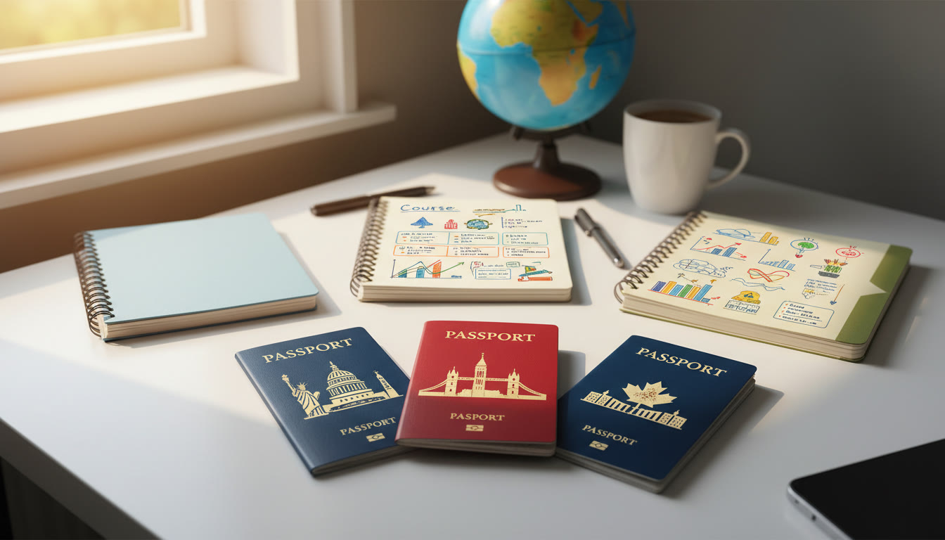 Photo Idea : three passports and notebooks arranged on a desk to imply study-abroad planning across US, UK, Canada