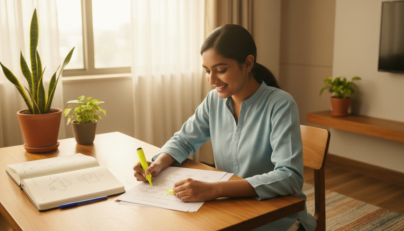 Photo Idea : A student marking errors on a mock test sheet with a highlighter and a notebook open for error analysis