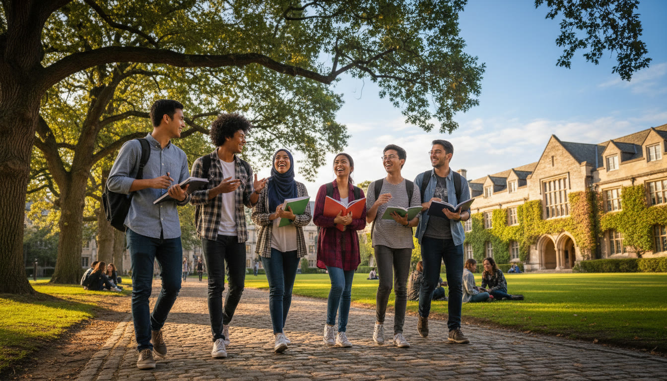 Photo Idea : A diverse group of students walking across a university quad, holding notebooks and chatting animatedly