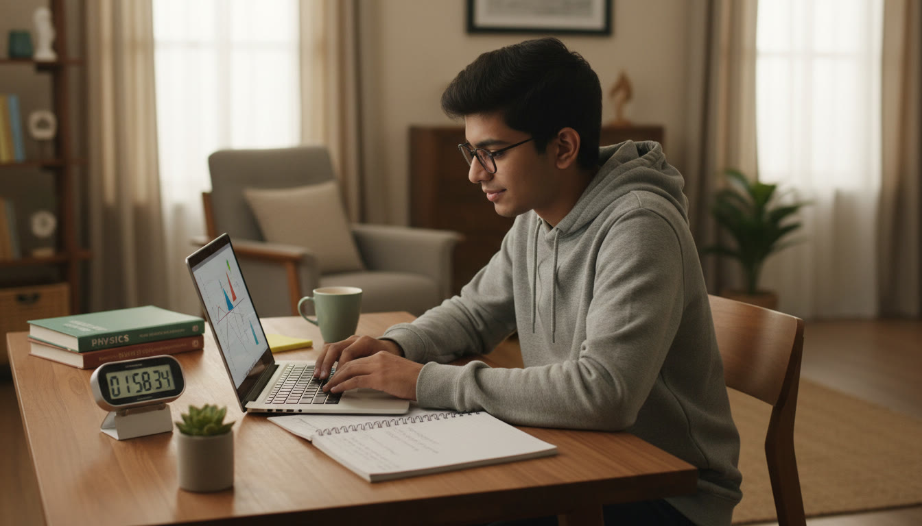 Photo Idea : focused student taking a timed full-length mock test on a laptop with notes and a stopwatch