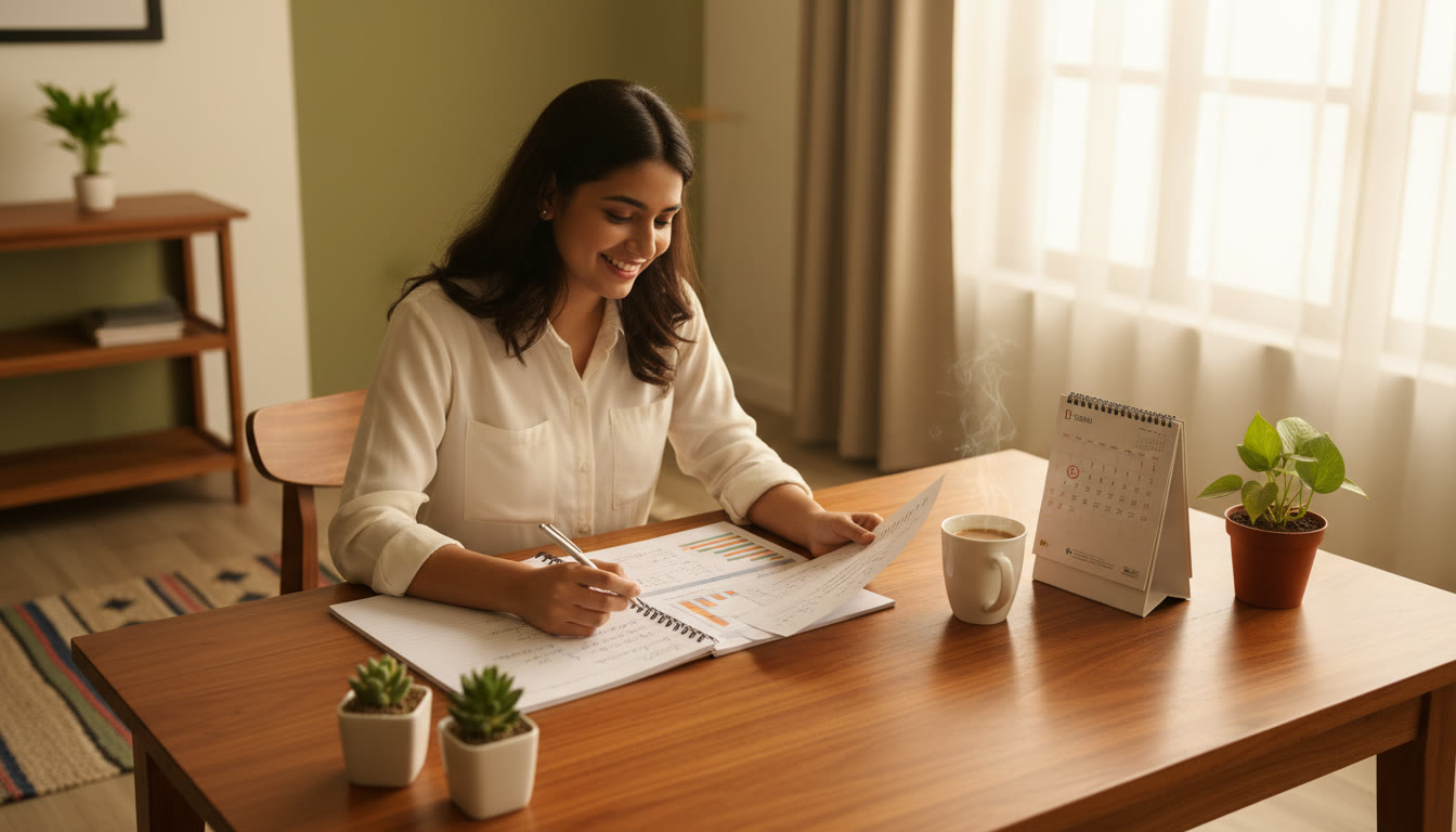 Photo Idea : Student reviewing a printout of a scorecard with a notebook, calendar, and a cup of tea nearby