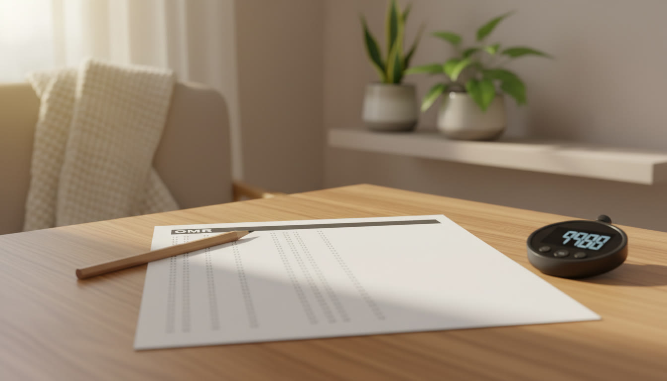 Photo Idea : Close-up of an OMR sheet with a sharpened pencil and a stopwatch nearby