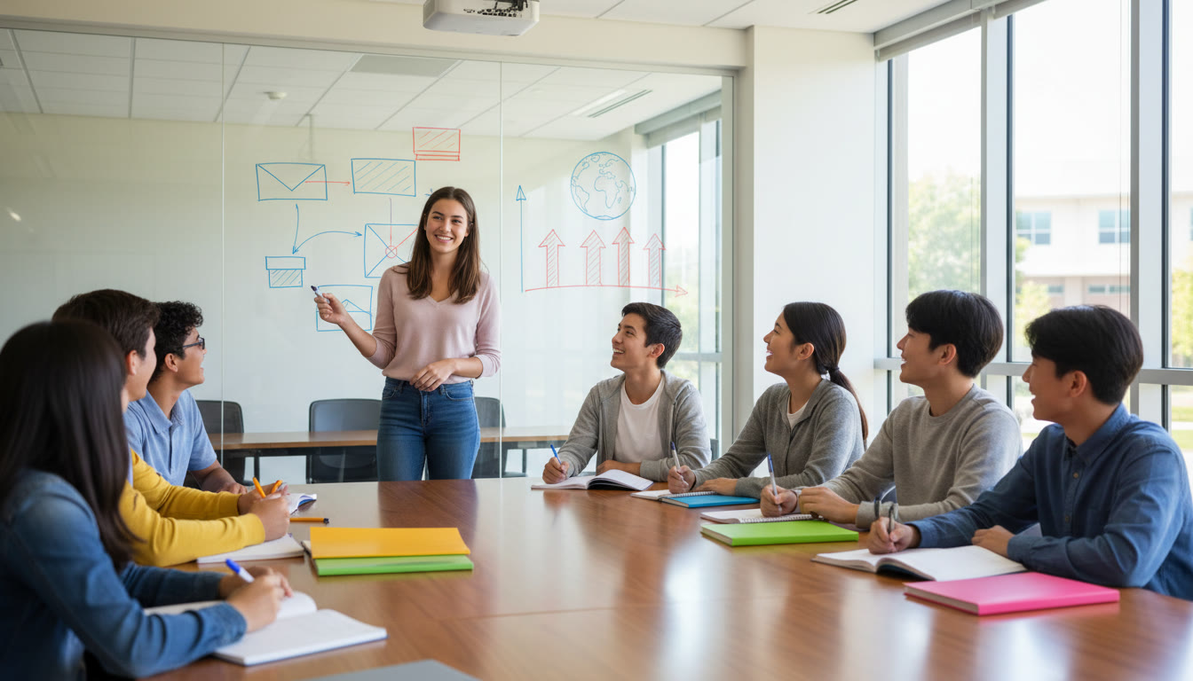 Photo Idea : A student presenting a short impact report to classmates using a whiteboard