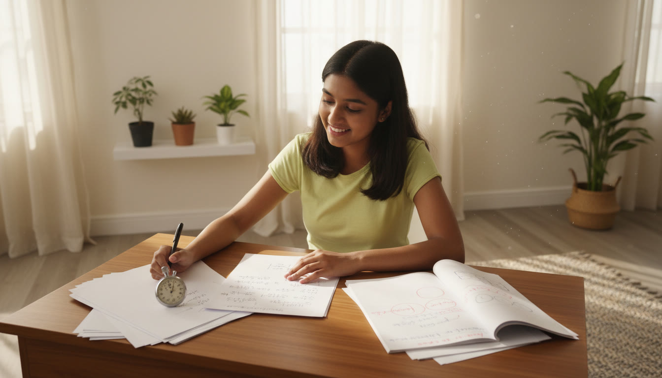 Photo Idea : A student taking a timed mock test with a stopwatch, test sheet, and correction notes