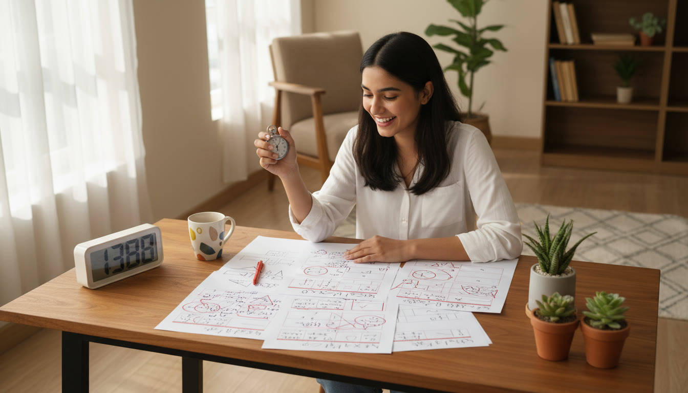 Photo Idea : a student timing a mock exam with written answers laid out and corrections highlighted in red