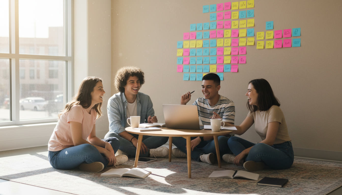 Photo Idea : a small group of students collaborating around a laptop with sticky notes on the wall
