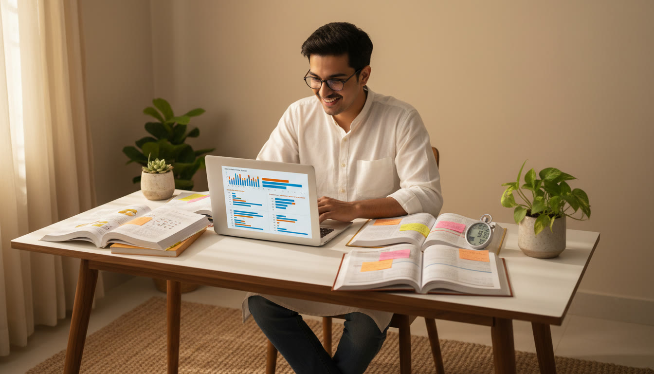 Photo Idea : Student at a tidy desk with open NEET books, a laptop showing MCQ practice, and a visible stopwatch