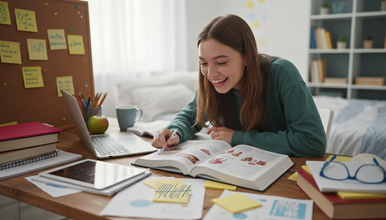 Photo Idea : A focused IB student at a cluttered desk, open textbook labeled 