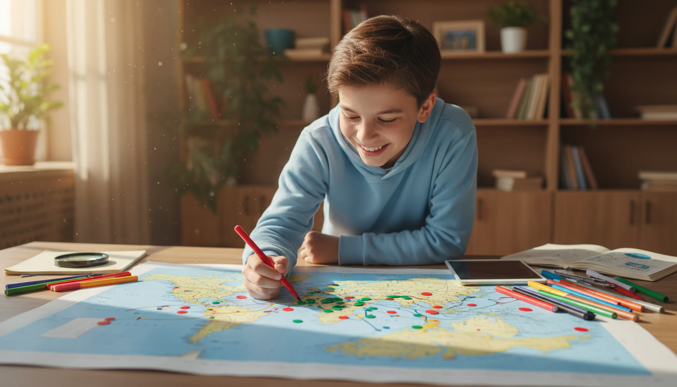 Photo Idea : Student annotating a printed map with sample points and coloured markers