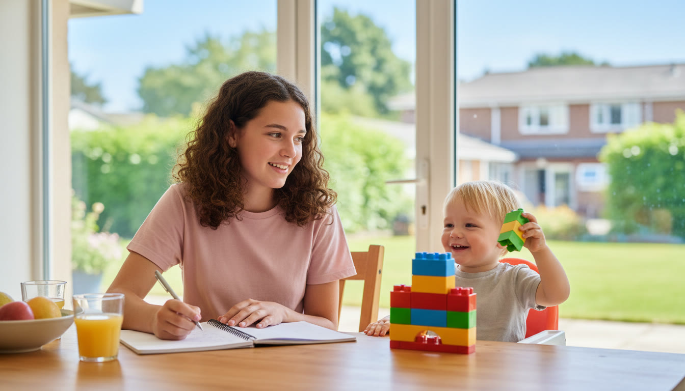Photo Idea : Student writing reflections at a kitchen table while caring for a younger sibling