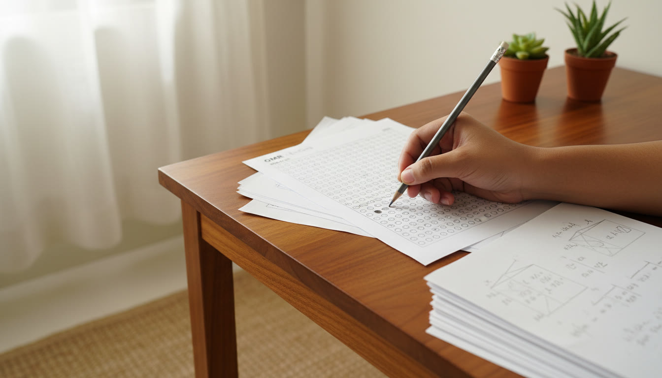 Photo Idea : Close-up of a student’s hand filling an OMR sheet with a pencil and a neatly organized set of rough sheets beside the answer sheet