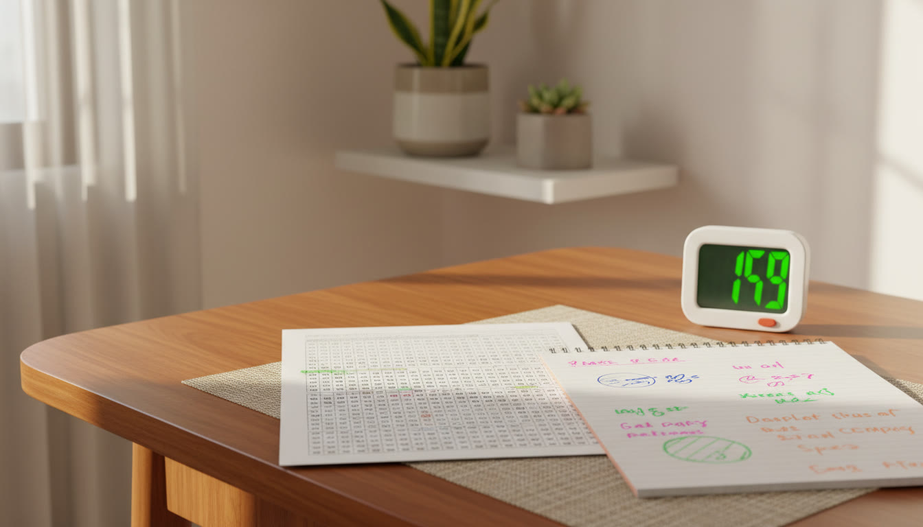 Photo Idea : Close-up of an OMR sheet and a student’s colored notes beside a timer