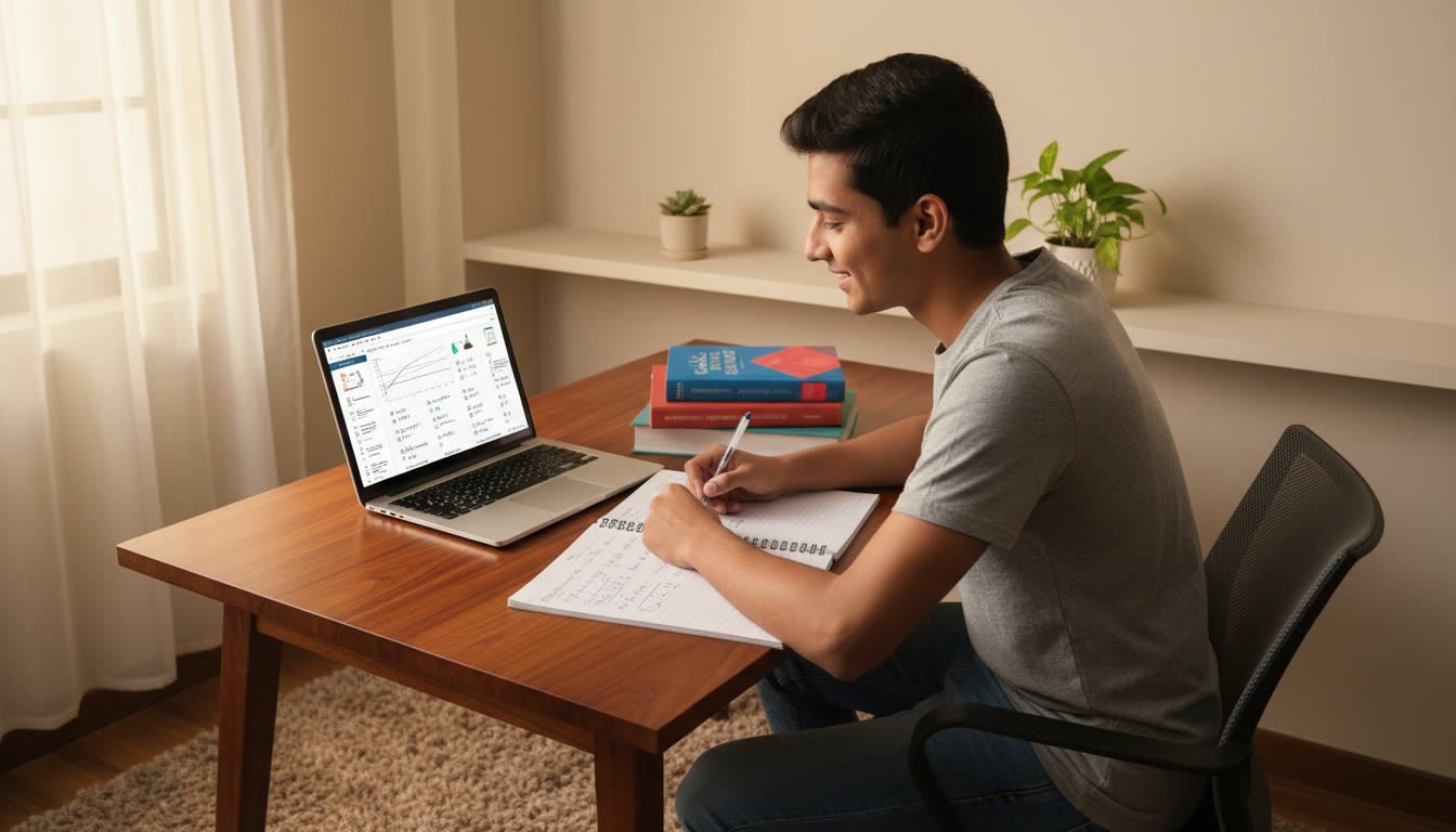 Photo Idea : A focused student at a desk surrounded by PCM textbooks, a laptop showing a practice test, and neat handwritten notes.