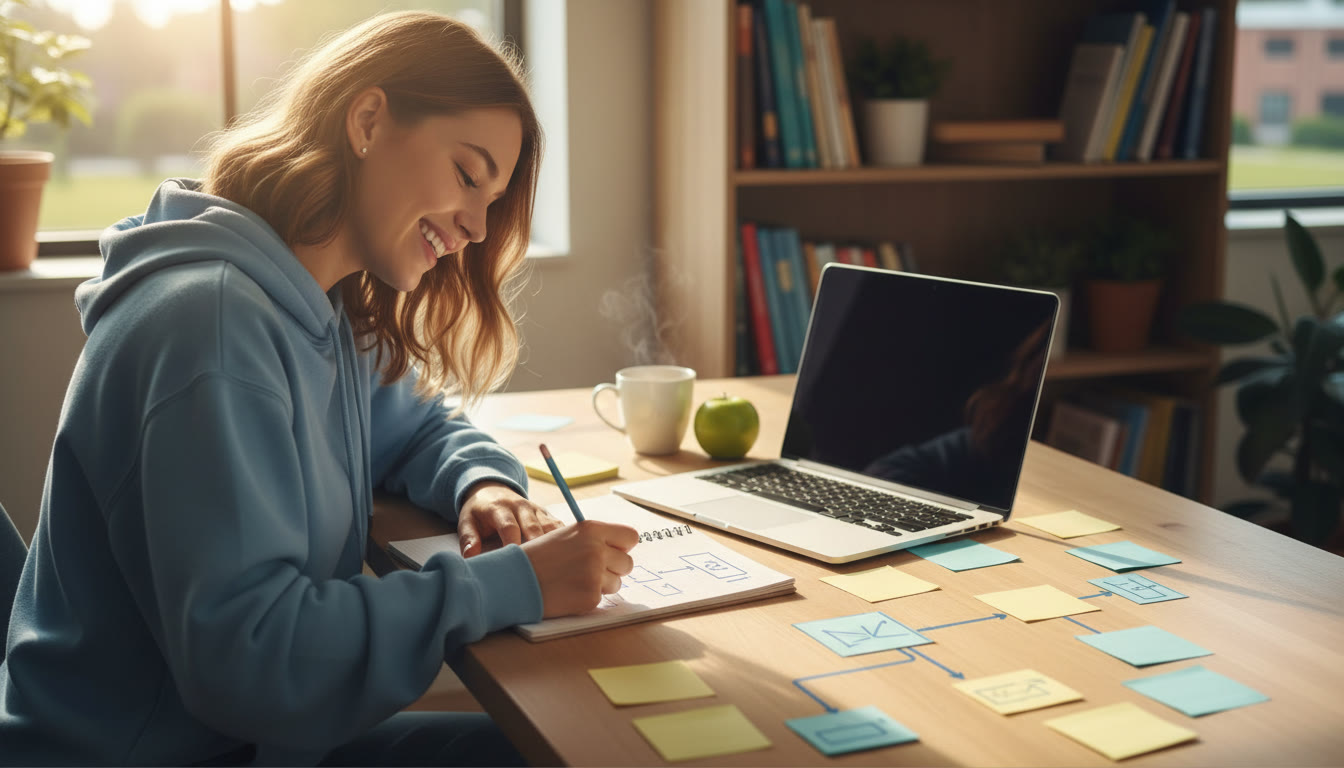 Photo Idea : A student sketching pseudocode on a notebook next to a laptop and flowchart sticky notes
