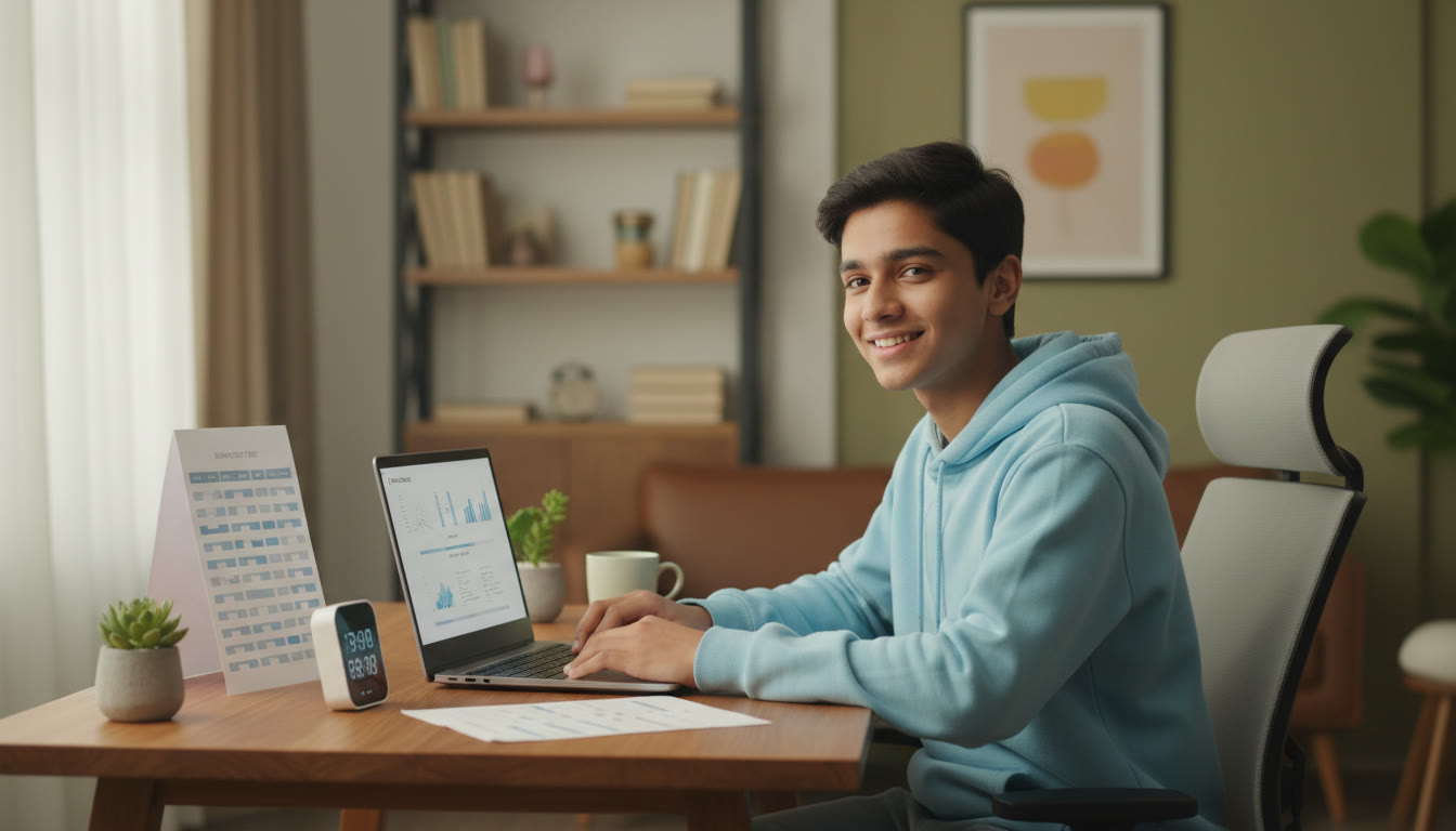 Photo Idea : A focused student at a tidy desk with a printed timetable, a timer, and a laptop showing a mock test screen.