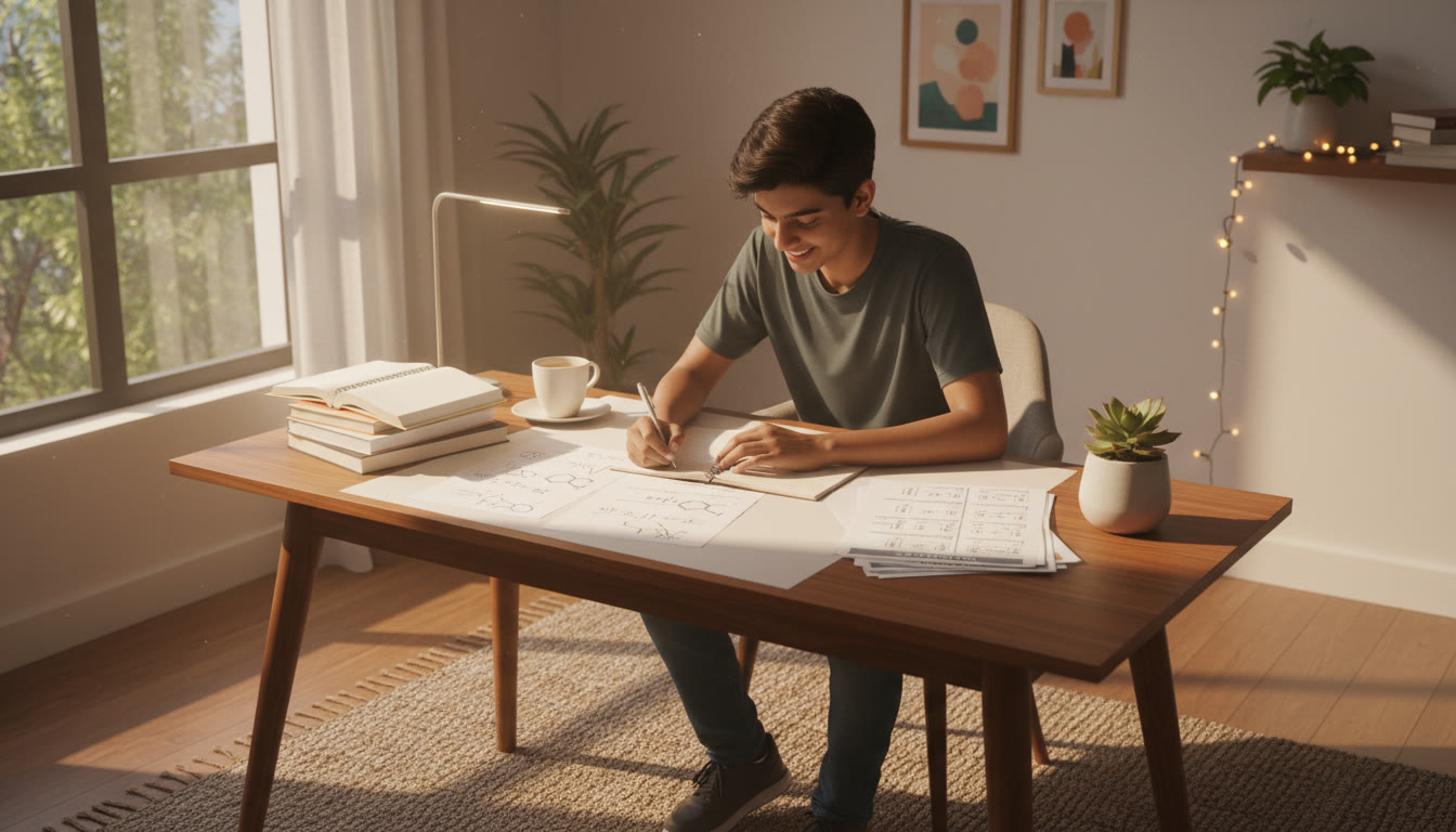 Photo Idea : a focused student at a desk with IB DP notes open on one side and NEET practice sheets on the other, morning light streaming through a window