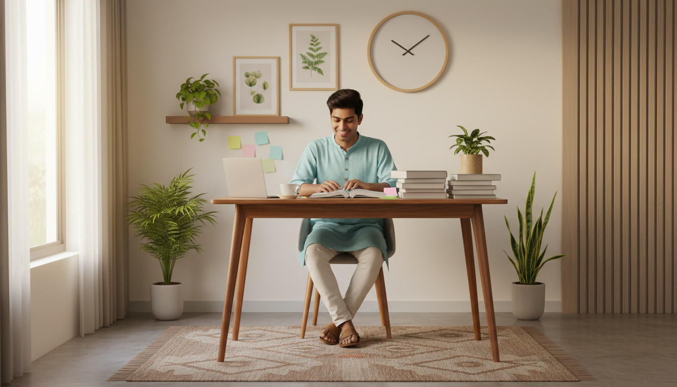 Photo Idea : Student studying at a tidy desk with NEET books, sticky notes, and a visible wall clock